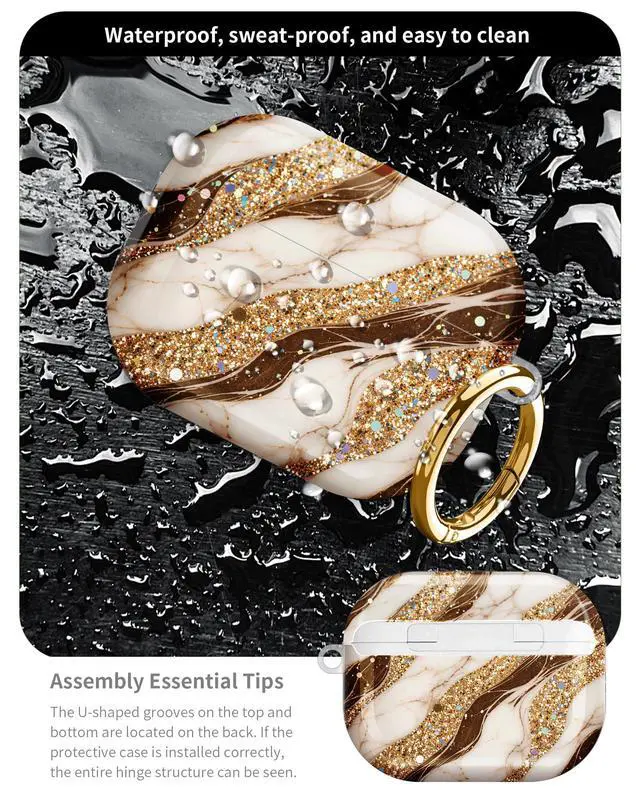 Alt view image 5 of 6 - Compatible with AirPod Pro 3 Case 2025,Shockproof Hard Protective Case,Wireless Charging Compatible, Trendy Elegant Design Cover for Women Men(Gold Marble with Colorful Glitter Accents)