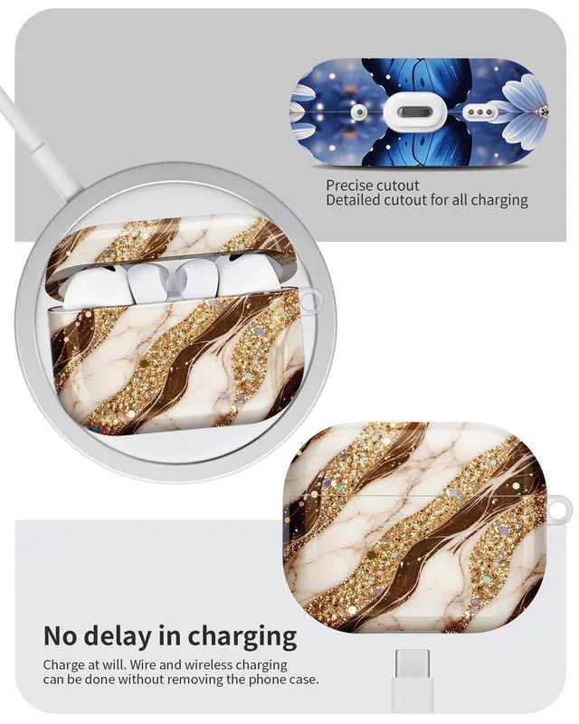 Alt view image 6 of 6 - Compatible with AirPod Pro 3 Case 2025,Shockproof Hard Protective Case,Wireless Charging Compatible, Trendy Elegant Design Cover for Women Men(Gold Marble with Colorful Glitter Accents)