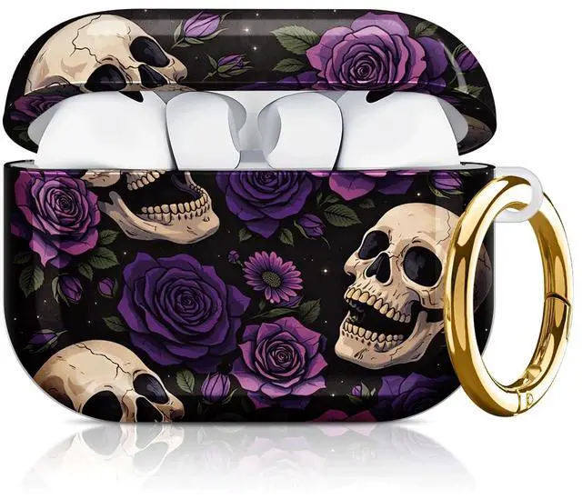 Main image of Compatible with AirPod Pro 3 Case 2025,Shockproof Hard Protective Case,Wireless Charging Compatible, Trendy Elegant Design Cover for Women Men(Skull Roses Purple Black)
