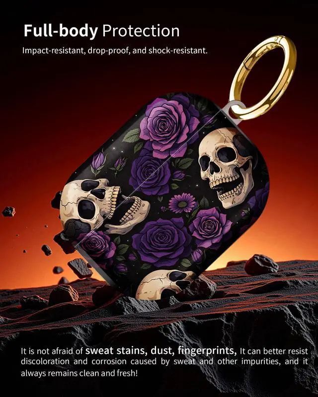 Alt view image 2 of 6 - Compatible with AirPod Pro 3 Case 2025,Shockproof Hard Protective Case,Wireless Charging Compatible, Trendy Elegant Design Cover for Women Men(Skull Roses Purple Black)