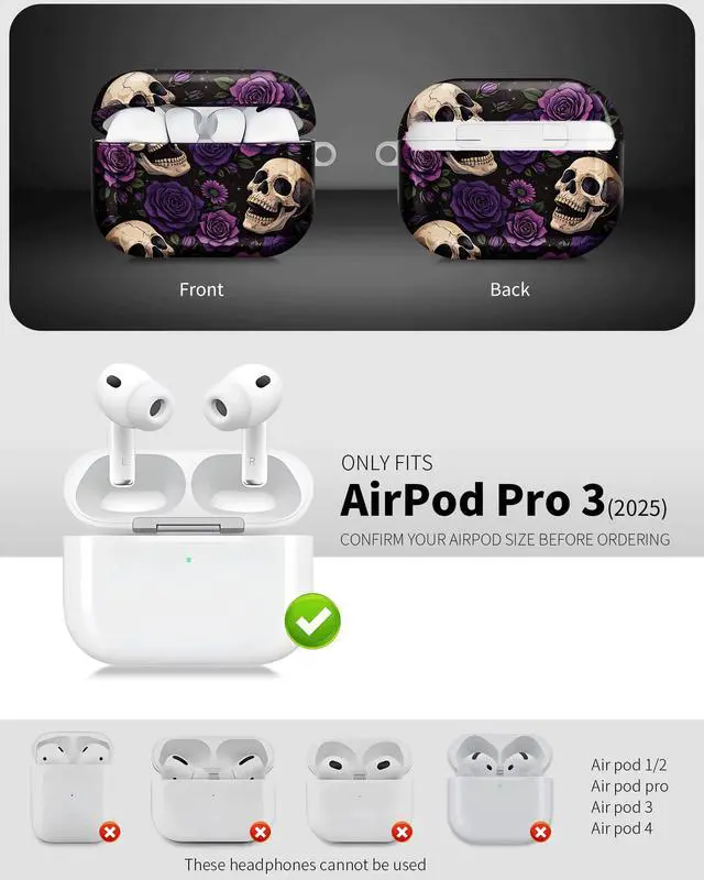 Alt view image 3 of 6 - Compatible with AirPod Pro 3 Case 2025,Shockproof Hard Protective Case,Wireless Charging Compatible, Trendy Elegant Design Cover for Women Men(Skull Roses Purple Black)
