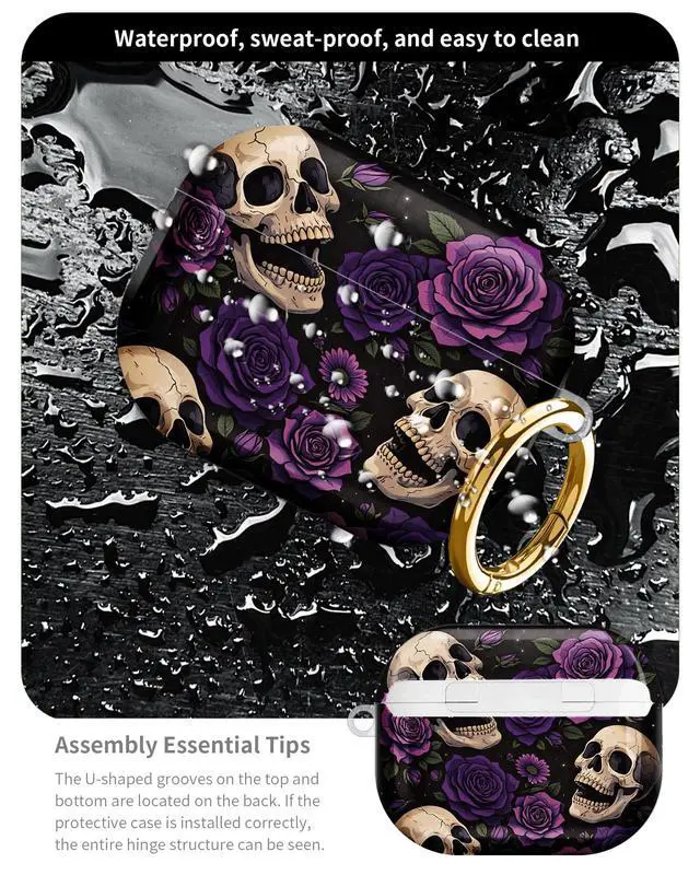 Alt view image 5 of 6 - Compatible with AirPod Pro 3 Case 2025,Shockproof Hard Protective Case,Wireless Charging Compatible, Trendy Elegant Design Cover for Women Men(Skull Roses Purple Black)