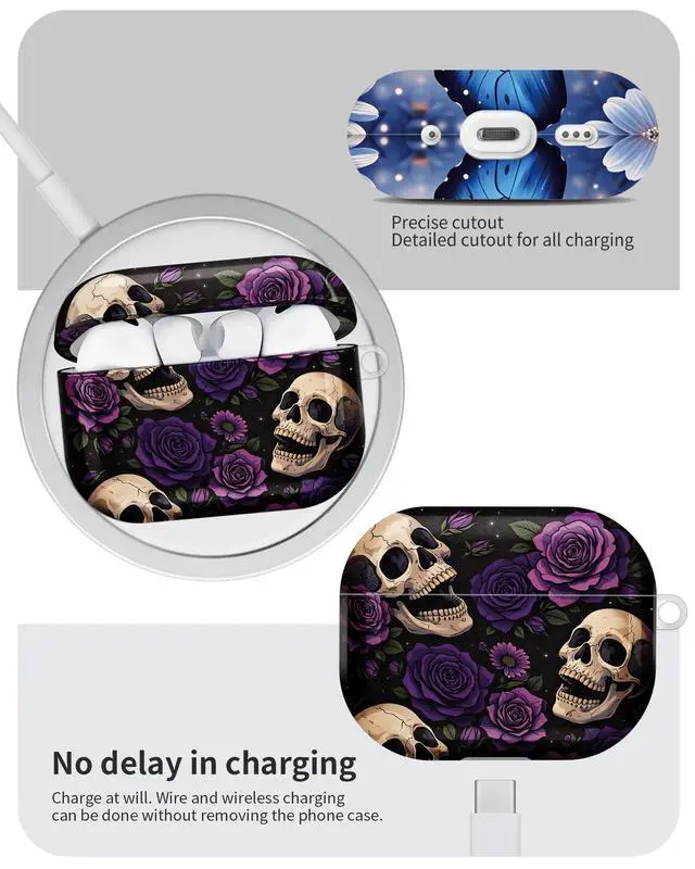 Alt view image 6 of 6 - Compatible with AirPod Pro 3 Case 2025,Shockproof Hard Protective Case,Wireless Charging Compatible, Trendy Elegant Design Cover for Women Men(Skull Roses Purple Black)
