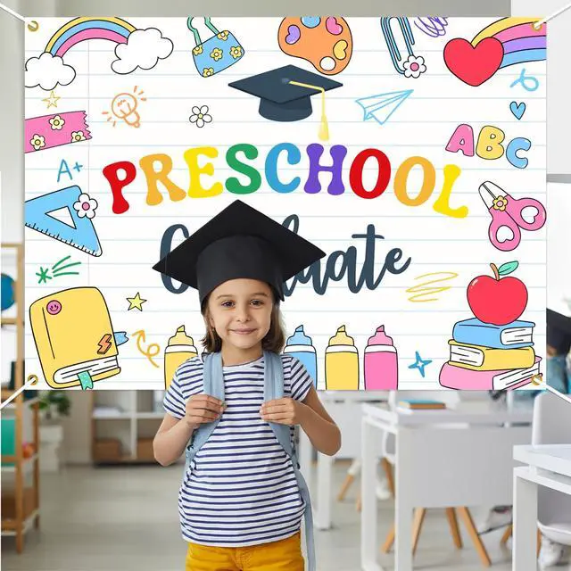 Alt view image 4 of 6 - Preschool Graduattion Party Backdrop - Pre-K Kindergarten Graduation Party Decorations Class of 2026 Kid's Graduation Ceremony Photo Prop, 7 * 5Ft