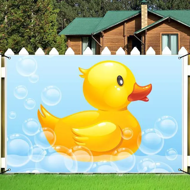 Main image of Yellow 6x3.6ft Swimming Duck Banner, Birthday & Baby Shower Decoration, Polyester Fabric, Includes 20ft String