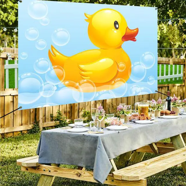 Alt view image 2 of 7 - Yellow 6x3.6ft Swimming Duck Banner, Birthday & Baby Shower Decoration, Polyester Fabric, Includes 20ft String