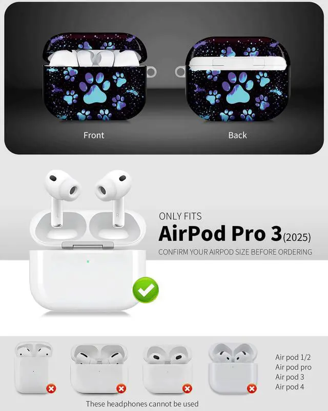 Alt view image 3 of 6 - Compatible with AirPod Pro 3 Case 2025,Shockproof Hard Protective Case,Wireless Charging Compatible, Trendy Elegant Design Cover for Women Men(Glowing Paw Prints)
