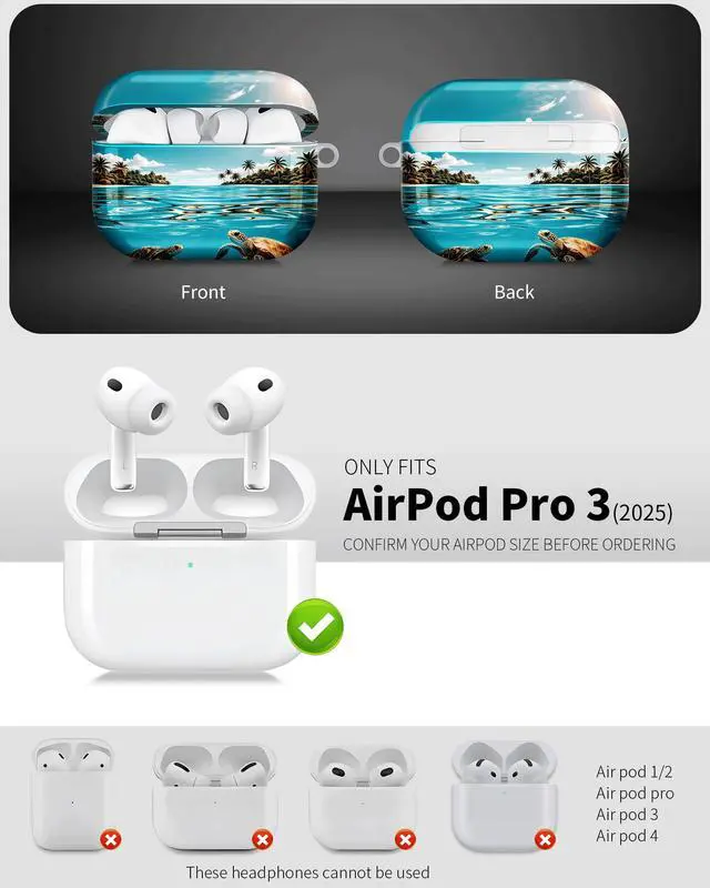 Alt view image 3 of 6 - Compatible with AirPod Pro 3 Case 2025,Shockproof Hard Protective Case,Wireless Charging Compatible, Trendy Elegant Design Cover for Women Men(Tropical Sea Turtle Paradise Island Water)