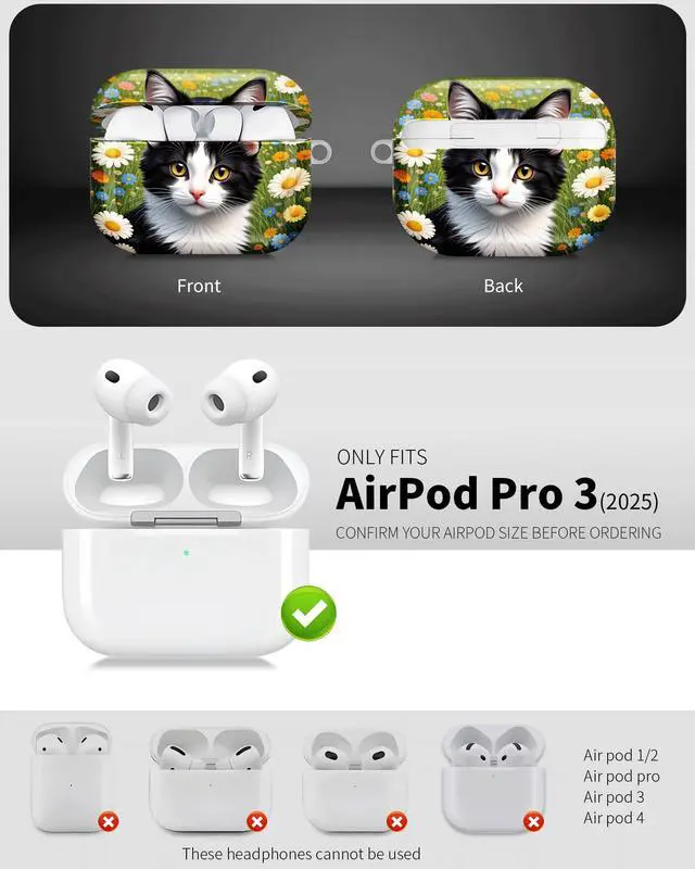 Alt view image 3 of 6 - Compatible with AirPod Pro 3 Case 2025,Shockproof Hard Protective Case,Wireless Charging Compatible, Trendy Elegant Design Cover for Women Men(Floral Cat Portrait)