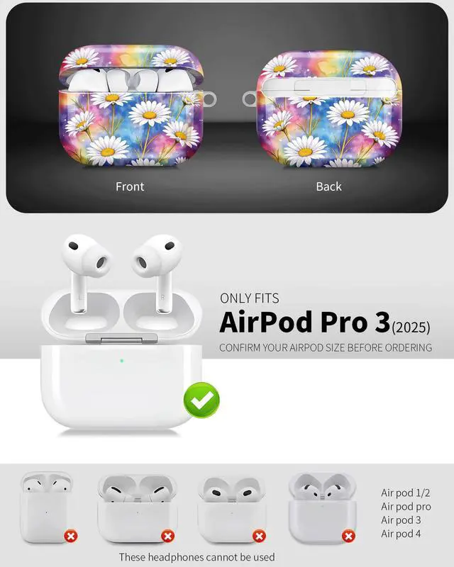 Alt view image 3 of 6 - Compatible with AirPod Pro 3 Case 2025,Shockproof Hard Protective Case,Wireless Charging Compatible, Trendy Elegant Design Cover for Women Men(Colorful Daisy Floral Background Art)