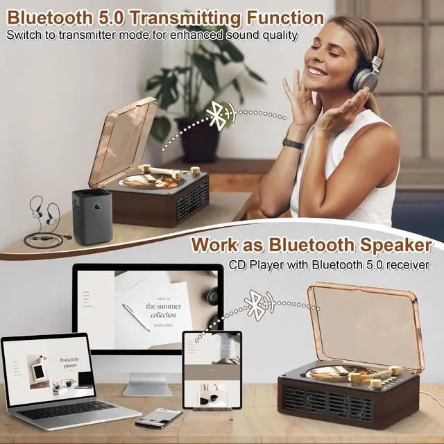 Alt view image 3 of 6 - Portable CD Player Bluetooth with Speakers - Retro Vertical CD Players for Home, Built-in Dual Stereo Speakers, FM Radio, Repeat, Remote Control, Support USB&AUX, Retro Gift for Kids, Brown