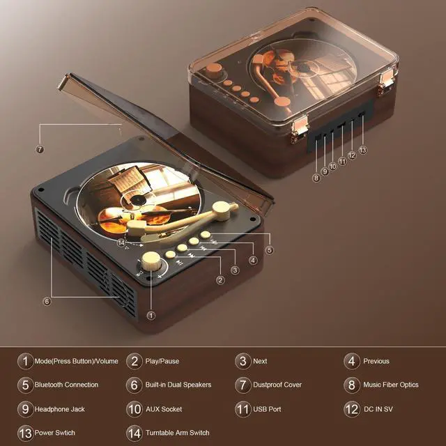 Alt view image 6 of 6 - Portable CD Player Bluetooth with Speakers - Retro Vertical CD Players for Home, Built-in Dual Stereo Speakers, FM Radio, Repeat, Remote Control, Support USB&AUX, Retro Gift for Kids, Brown