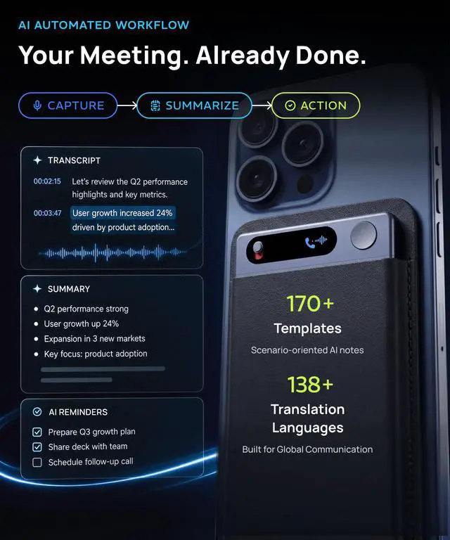 Alt view image 2 of 7 - AI Voice Recorder with Transcription, AI Summary, Speaker ID, Noise Reduction, 64GB Memory, 138 Languages, App Control, for Meetings, Calls, Lectures, Interviews, Lite