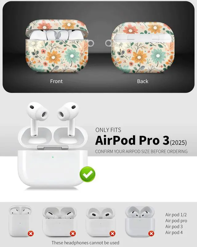 Alt view image 3 of 6 - Compatible with AirPod Pro 3 Case 2025,Shockproof Hard Protective Case,Wireless Charging Compatible, Trendy Elegant Design Cover for Women Men(Floral with Soft Colors and Leaves)