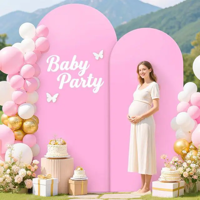 Alt view image 5 of 6 - Pink Arch Backdrop Cover 7.2FT 6FT Spandex Wedding Arch Covers Set of 2 Chiara Round Top Backdrop Stand Covers for Metal Frame Wedding Baby Shower Birthday Party Decoration