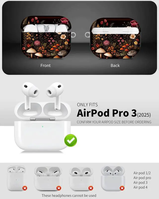 Alt view image 3 of 6 - Compatible with AirPod Pro 3 Case 2025,Shockproof Hard Protective Case,Wireless Charging Compatible, Trendy Elegant Design Cover for Women Men(Floral Mushroom Garden)