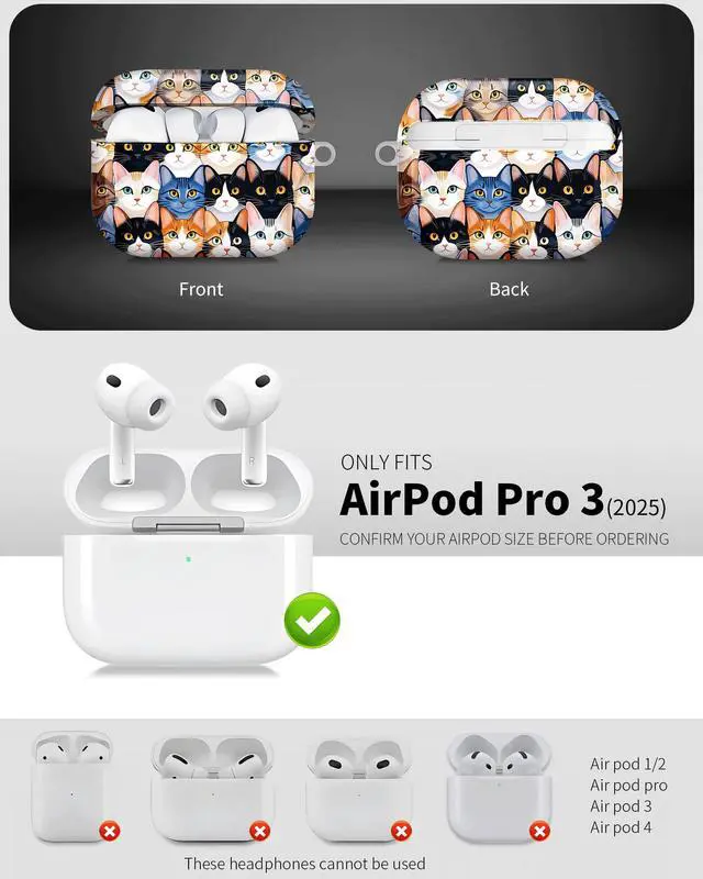 Alt view image 3 of 6 - Compatible with AirPod Pro 3 Case 2025,Shockproof Hard Protective Case,Wireless Charging Compatible, Trendy Elegant Design Cover for Women Men(Colorful Cat Faces)