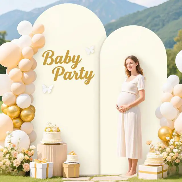 Alt view image 3 of 6 - Ivory Arch Cover Set of 2 Spandex Fitted Wedding Arch Cover 7.2FT 6FT Round Top Arched Stand Covers Chiara Backdrop Cover for Metal Arches Frame for Wedding Party Baby Shower Decoration