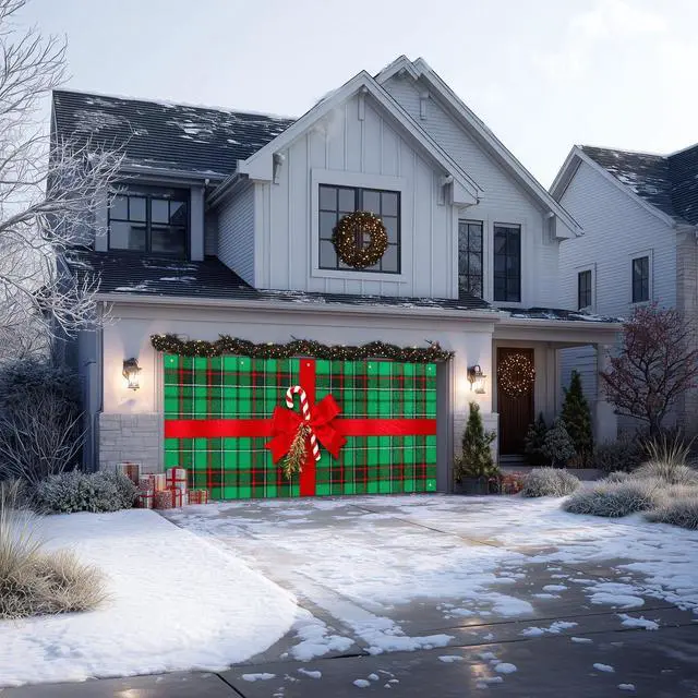 Alt view image 2 of 6 - Christmas Bow Garage Door Banner 6x13 ft Plaid Garage Door Wrap With Red Bow and Candy Canes Decorative Christmas Cover Winter Scene Backdrop