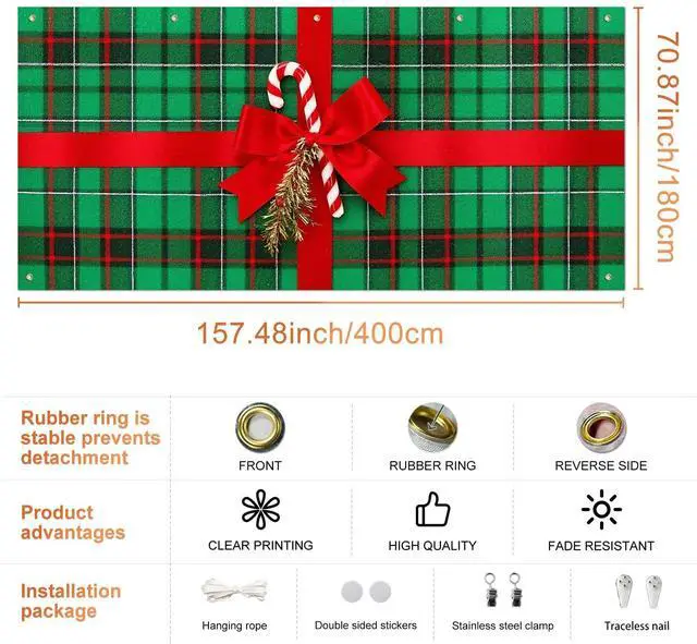 Alt view image 3 of 6 - Christmas Bow Garage Door Banner 6x13 ft Plaid Garage Door Wrap With Red Bow and Candy Canes Decorative Christmas Cover Winter Scene Backdrop