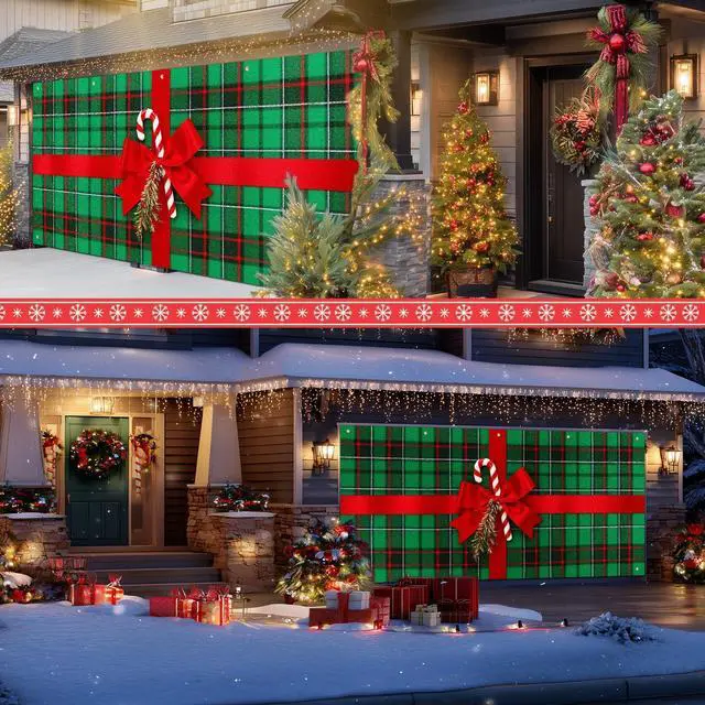 Alt view image 4 of 6 - Christmas Bow Garage Door Banner 6x13 ft Plaid Garage Door Wrap With Red Bow and Candy Canes Decorative Christmas Cover Winter Scene Backdrop
