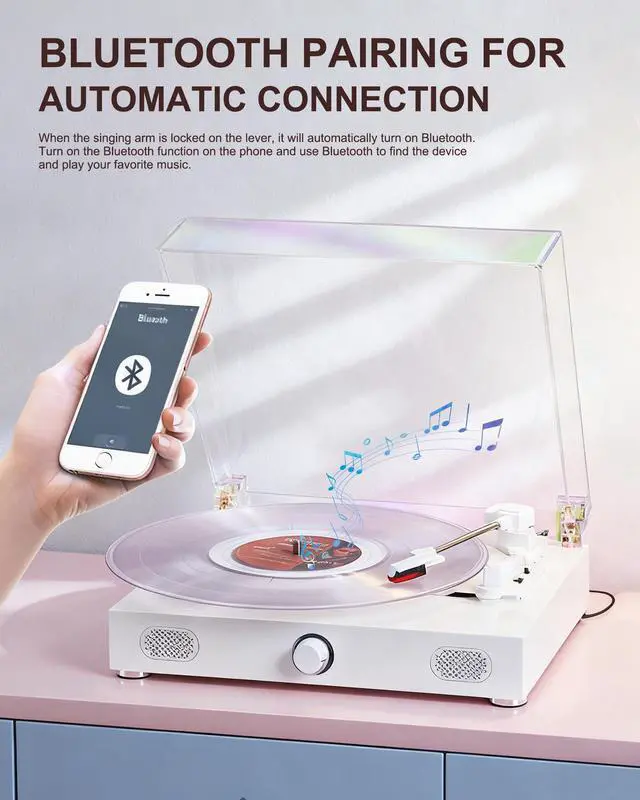 Alt view image 2 of 7 - Vinyl Record Player with Speakers, 3-Speed Vintage Turntable for Bluetooth Vinyl Records, Belt-Driven Turntable, Built-in Dual-Track Speakers, with RCA Line Out AUX in Headphone Jack (Rainbow)