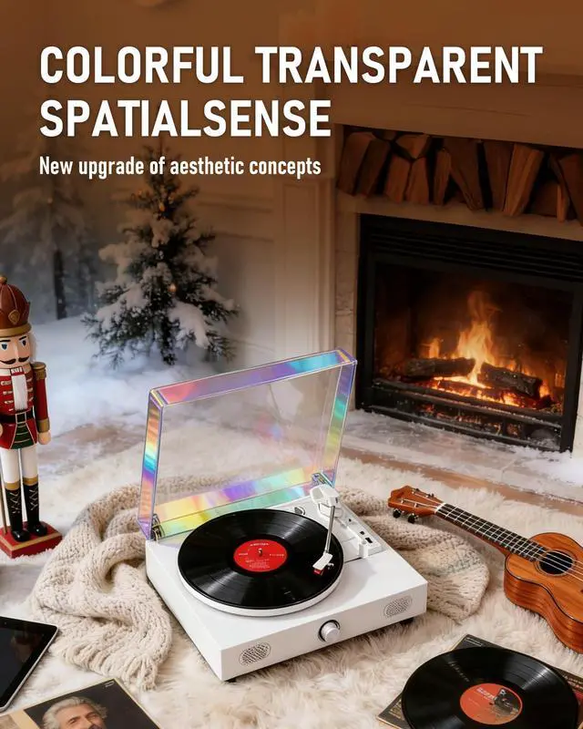 Alt view image 3 of 7 - Vinyl Record Player with Speakers, 3-Speed Vintage Turntable for Bluetooth Vinyl Records, Belt-Driven Turntable, Built-in Dual-Track Speakers, with RCA Line Out AUX in Headphone Jack (Rainbow)