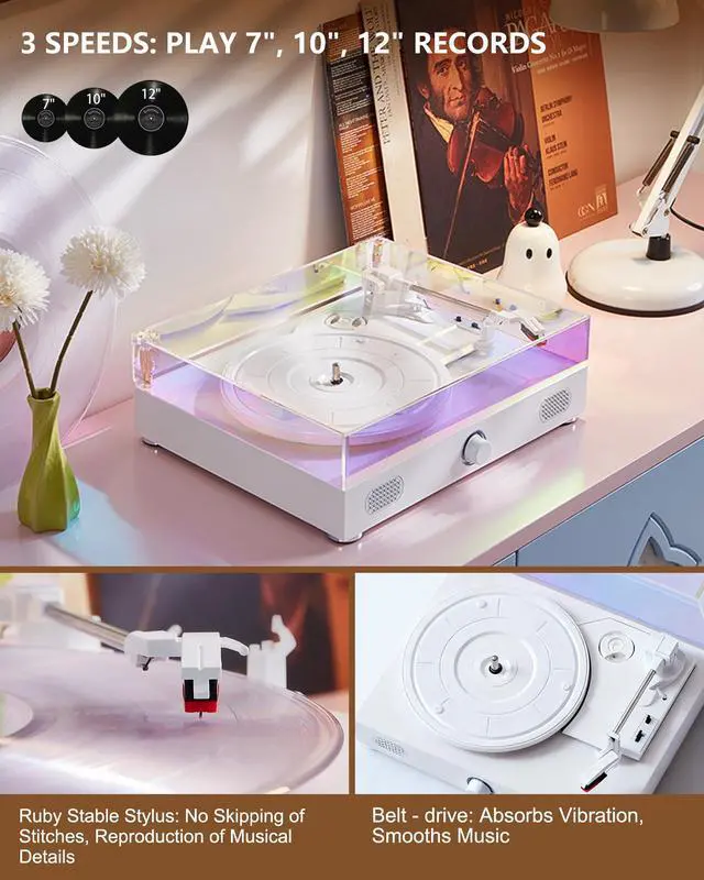 Alt view image 5 of 7 - Vinyl Record Player with Speakers, 3-Speed Vintage Turntable for Bluetooth Vinyl Records, Belt-Driven Turntable, Built-in Dual-Track Speakers, with RCA Line Out AUX in Headphone Jack (Rainbow)