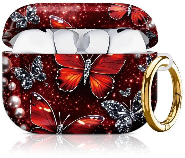 Main image of Compatible with AirPod Pro 3 Case 2025,Shockproof Hard Protective Case,Wireless Charging Compatible, Trendy Elegant Design Cover for Women Men(Red Butterflies Sparkle Pearls Background)