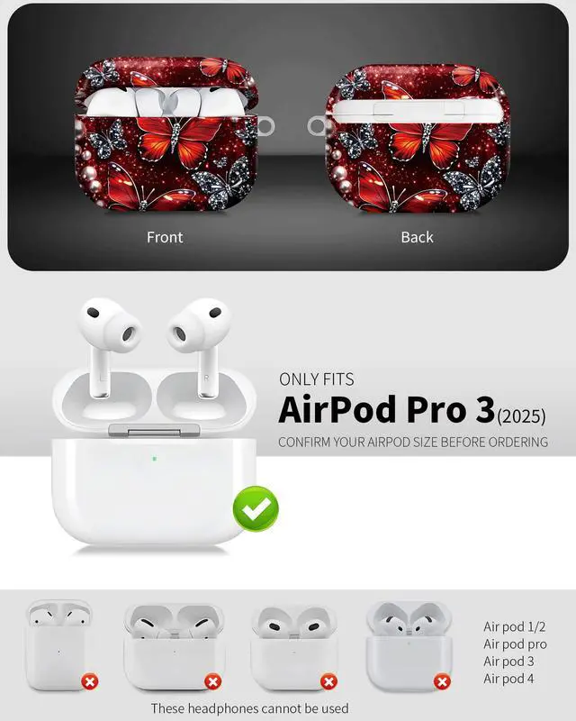 Alt view image 3 of 6 - Compatible with AirPod Pro 3 Case 2025,Shockproof Hard Protective Case,Wireless Charging Compatible, Trendy Elegant Design Cover for Women Men(Red Butterflies Sparkle Pearls Background)