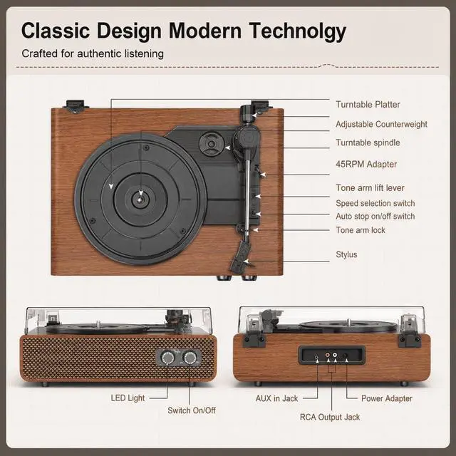 Alt view image 4 of 6 - Vinyl Record Player Bluetooth with Upgraded Speakers, Sound Cavity & Balanced Counterweight, Vintage 3-Speed Belt-Drive Turntable LP Player with RCA Output, Mid-Century Design