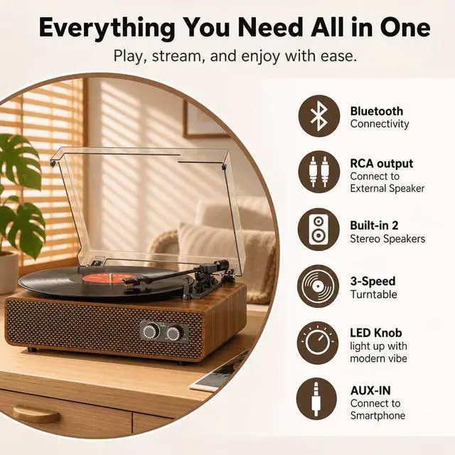 Alt view image 3 of 6 - Vinyl Record Player Bluetooth with Upgraded Speakers, Sound Cavity & Balanced Counterweight, Vintage 3-Speed Belt-Drive Turntable LP Player with RCA Output, Mid-Century Design