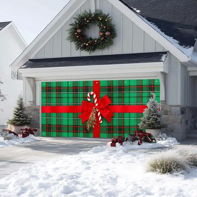 Alt view image 5 of 6 - Christmas Bow Garage Door Banner 6x13 ft Plaid Garage Door Wrap With Red Bow and Candy Canes Decorative Christmas Cover Winter Scene Backdrop