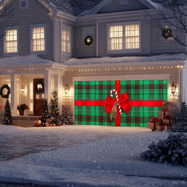 Alt view image 6 of 6 - Christmas Bow Garage Door Banner 6x13 ft Plaid Garage Door Wrap With Red Bow and Candy Canes Decorative Christmas Cover Winter Scene Backdrop
