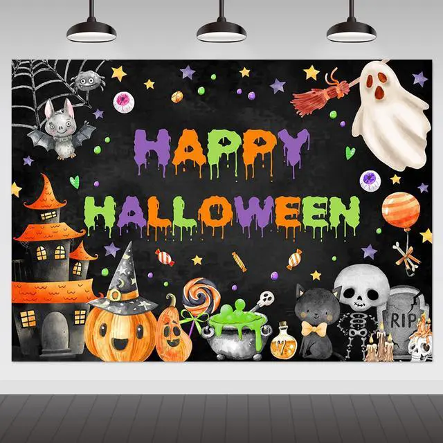 Main image of Happy Halloween Backdrop Spooky Ghost Party Banner for Kids | 7x5ft, Cotton, Halloween Backdrop, Halloween Birthday Party Decorations, Baby Shower Decorations