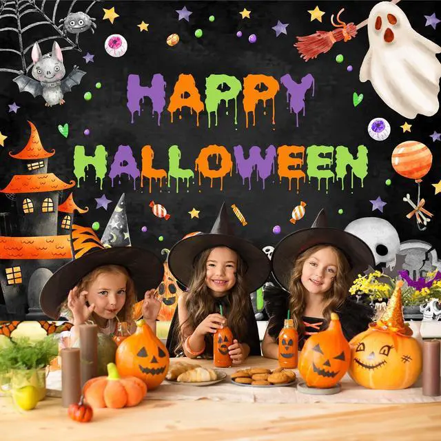 Alt view image 2 of 6 - Happy Halloween Backdrop Spooky Ghost Party Banner for Kids | 7x5ft, Cotton, Halloween Backdrop, Halloween Birthday Party Decorations, Baby Shower Decorations
