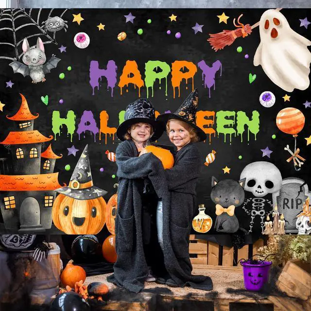 Alt view image 3 of 6 - Happy Halloween Backdrop Spooky Ghost Party Banner for Kids | 7x5ft, Cotton, Halloween Backdrop, Halloween Birthday Party Decorations, Baby Shower Decorations