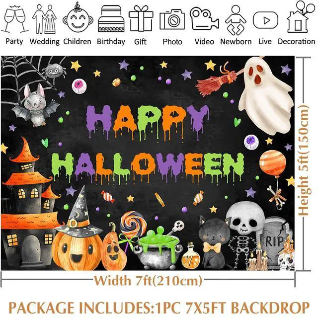 Alt view image 6 of 6 - Happy Halloween Backdrop Spooky Ghost Party Banner for Kids | 7x5ft, Cotton, Halloween Backdrop, Halloween Birthday Party Decorations, Baby Shower Decorations