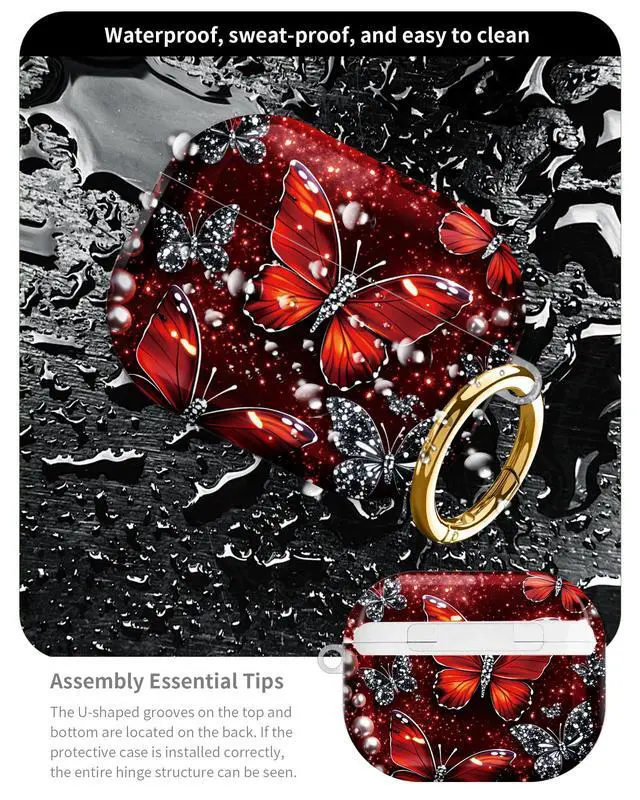 Alt view image 5 of 6 - Compatible with AirPod Pro 3 Case 2025,Shockproof Hard Protective Case,Wireless Charging Compatible, Trendy Elegant Design Cover for Women Men(Red Butterflies Sparkle Pearls Background)