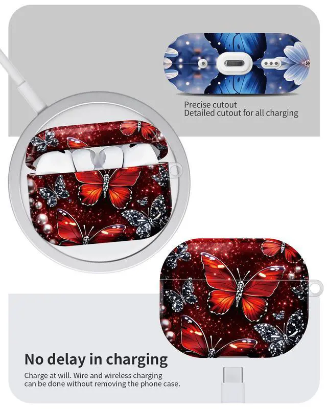 Alt view image 6 of 6 - Compatible with AirPod Pro 3 Case 2025,Shockproof Hard Protective Case,Wireless Charging Compatible, Trendy Elegant Design Cover for Women Men(Red Butterflies Sparkle Pearls Background)