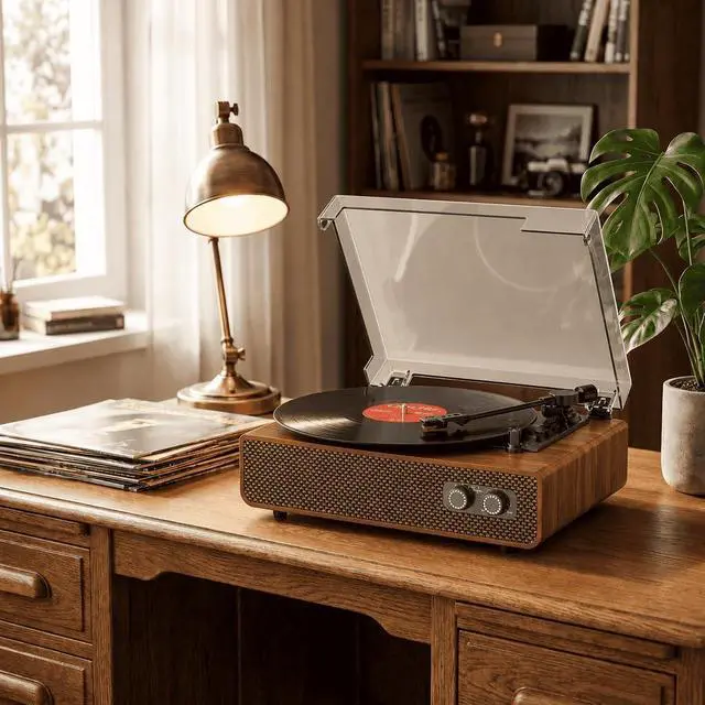Alt view image 5 of 6 - Vinyl Record Player Bluetooth with Upgraded Speakers, Sound Cavity & Balanced Counterweight, Vintage 3-Speed Belt-Drive Turntable LP Player with RCA Output, Mid-Century Design