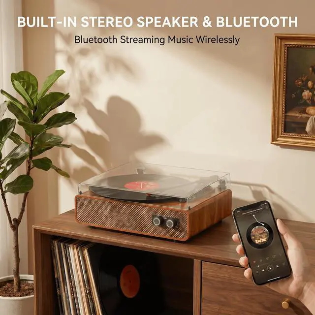 Alt view image 6 of 6 - Vinyl Record Player Bluetooth with Upgraded Speakers, Sound Cavity & Balanced Counterweight, Vintage 3-Speed Belt-Drive Turntable LP Player with RCA Output, Mid-Century Design