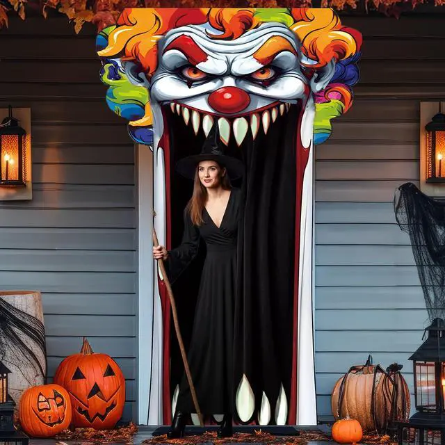 Main image of Halloween Door Cover Decoration Creepy Door Backdrop for Halloween Garage Window Wall Porch Haunted House Terror Trunk or Treat Car Decoration Scary Evil Photo Booth Props(Clown)