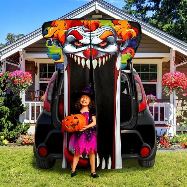 Alt view image 2 of 6 - Halloween Door Cover Decoration Creepy Door Backdrop for Halloween Garage Window Wall Porch Haunted House Terror Trunk or Treat Car Decoration Scary Evil Photo Booth Props(Clown)