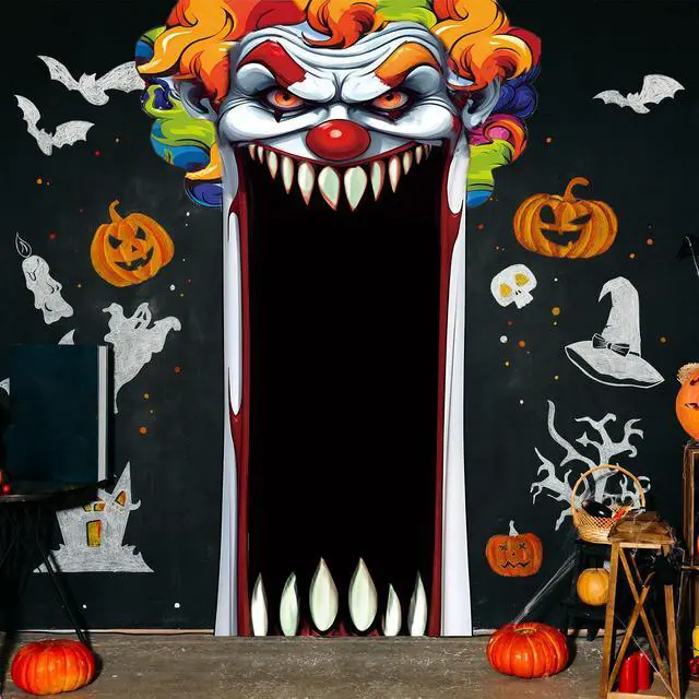 Alt view image 3 of 6 - Halloween Door Cover Decoration Creepy Door Backdrop for Halloween Garage Window Wall Porch Haunted House Terror Trunk or Treat Car Decoration Scary Evil Photo Booth Props(Clown)