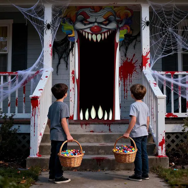Alt view image 6 of 6 - Halloween Door Cover Decoration Creepy Door Backdrop for Halloween Garage Window Wall Porch Haunted House Terror Trunk or Treat Car Decoration Scary Evil Photo Booth Props(Clown)