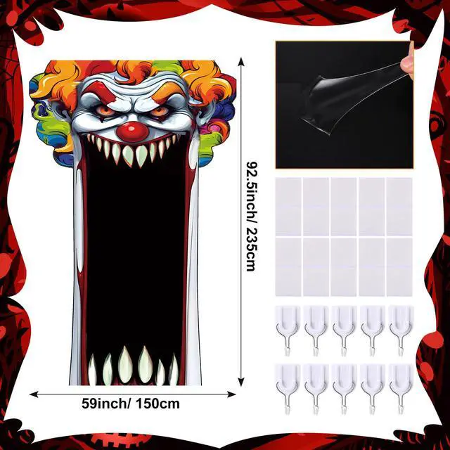 Alt view image 5 of 6 - Halloween Door Cover Decoration Creepy Door Backdrop for Halloween Garage Window Wall Porch Haunted House Terror Trunk or Treat Car Decoration Scary Evil Photo Booth Props(Clown)