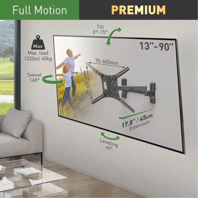 Alt view image 2 of 6 - TV Wall Mount, 13-90 inch Dual Arm Full Motion Articulating - 4 Movement Flat/Curved Screen Bracket, Holds up to 132 lbs, Extra Stable, Fits LED OLED LCD