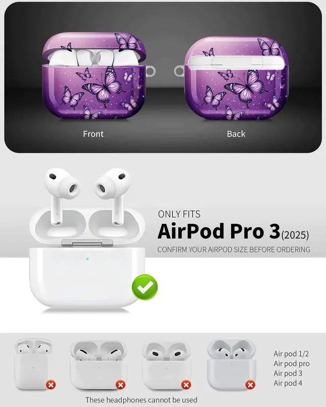 Alt view image 3 of 6 - Compatible with AirPod Pro 3 Case 2025,Shockproof Hard Protective Case,Wireless Charging Compatible, Trendy Elegant Design Cover for Women Men(Purple Butterflies Fluttering in Sky)