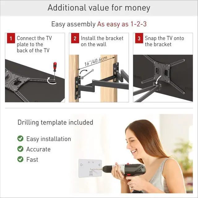 Alt view image 4 of 6 - TV Wall Mount, 13-90 inch Dual Arm Full Motion Articulating - 4 Movement Flat/Curved Screen Bracket, Holds up to 132 lbs, Extra Stable, Fits LED OLED LCD